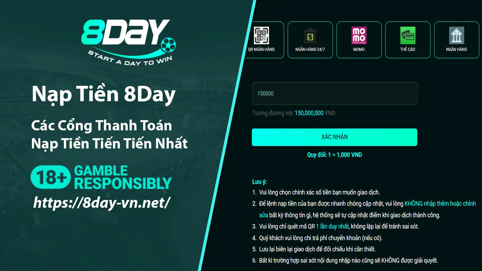 Nạp tiền 8Day qua các cổng thanh toán hiện đại